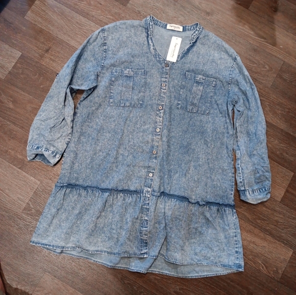 Denim Button Front Ruffle Mini Dress/Tunic - Plus Size 2XL - Picture 2 of 6